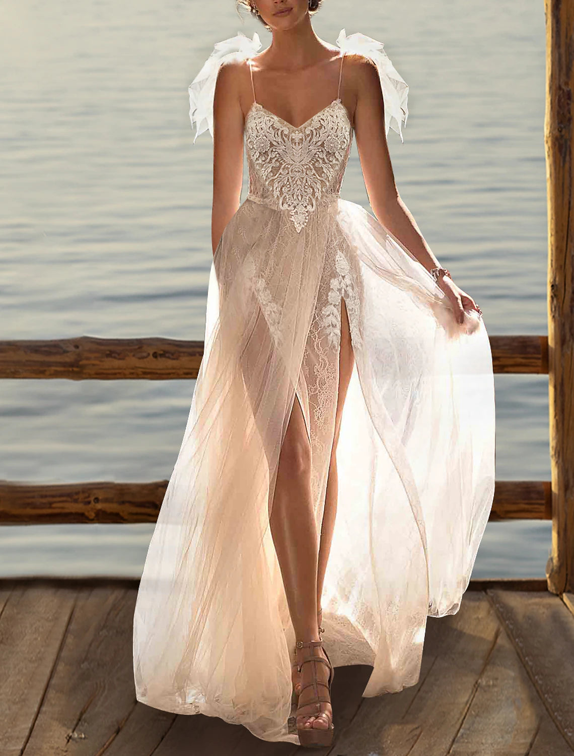 Wholesale Beach Boho Wedding Dresses A-Line Camisole V Neck Sleeveless Sweep / Brush Train Lace Bridal Gowns With Bow(s) Beading